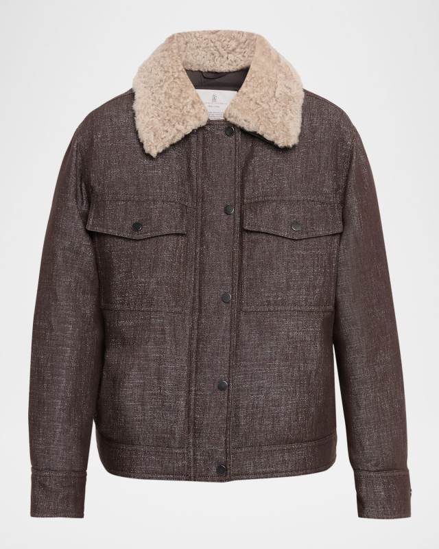 Sparkling Wool-Blend Padded Jacket with Removable Shearling Collar